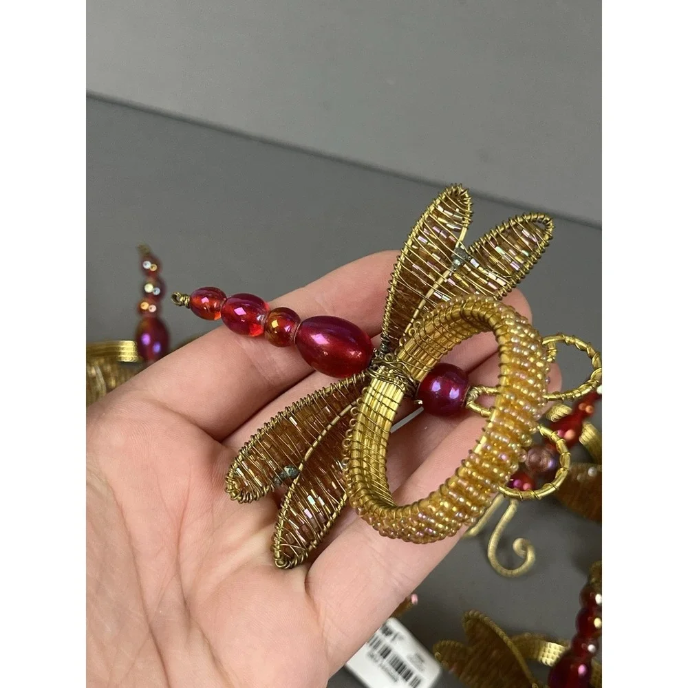 10 Pier One Imports Beaded Dragonfly Napkin Rings Gold Wire Wings & Orange Beads